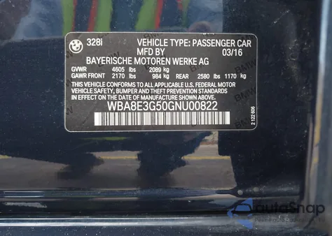 2016 BMW 328I xDrive из США, поврежденный, VIN WBA8E3G50GNU00822